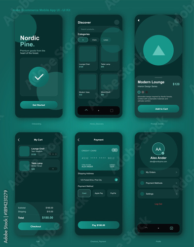 "A sophisticated and moody dark-themed mobile UI kit for a high-end furniture brand named Nordic Pine. The design aesthetic is heavily influenced by Scandinavian minimalism, featuring a palette 