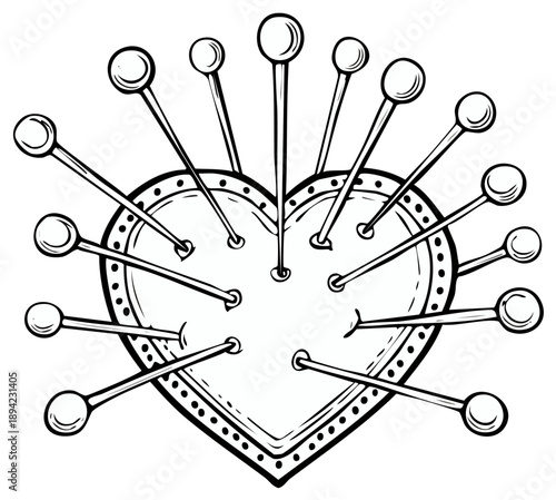 Stylized Heart Shape Pierced by Multiple Sewing Needles Representing Pain