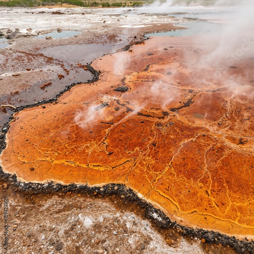 Hot Spring Water Flows Over Colorful Terrain in a Geothermal Area Near a Nati...