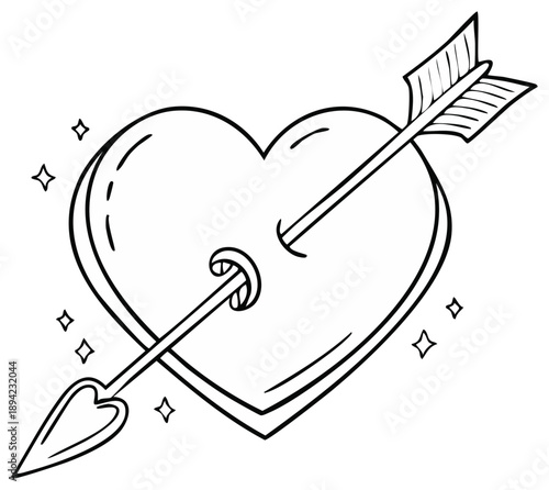 Cupid's arrow pierces heart. Love symbol, valentine, romance, romantic design concept. Hand drawn, sketchy, doodle style drawing. Black outline, sparkle shapes.