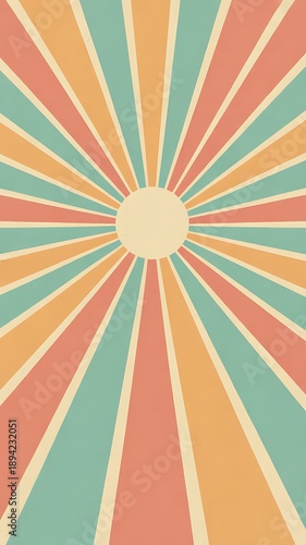 Retro style poster background with sunburst,
muted pastel tones (peach, mint, cream), subtle grain texture, vector illustration, ideal para anúncios, cartazes ou capas de livro