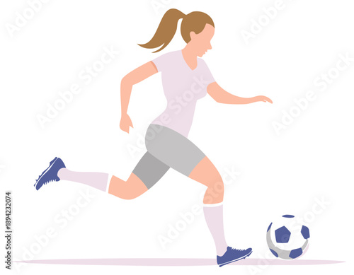 Female athlete kicking soccer ball during gameplay, sports competition concept, training moment, vector graphic illustration