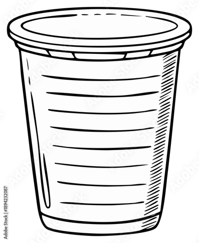 Hand drawn sketch illustration of a disposable plastic cup with a sealed lid