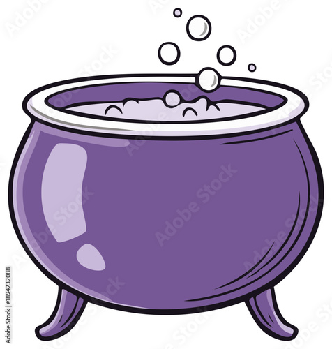 Purple cartoon cauldron bubbling with magic potion and floating bubbles fantasy illustration