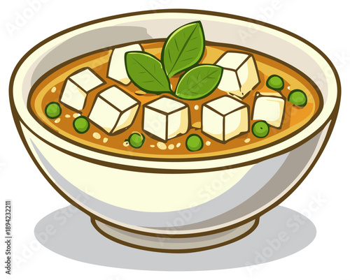 Bowl of tasty miso soup with tofu and green peas, cartoon style illustration