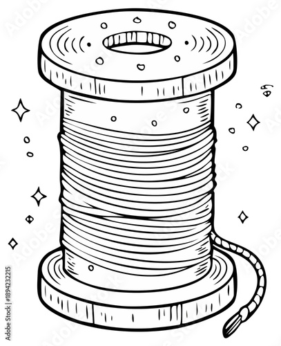 Illustration of a Spool of Thread in Black and White, Dotted with Sparkling Effects.