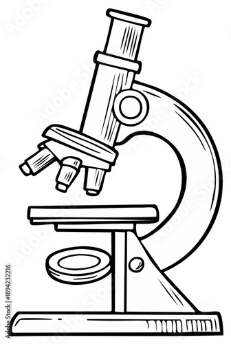 Illustration of a vintage microscope with an eyepiece stage and objective lenses ready for viewing