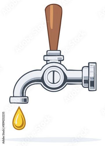 Stylized Beer Tap Dripping Golden Beverage Drop with Wooden Handle