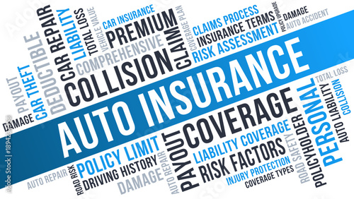 Auto insurance word cloud vehicle coverage and policy concept. Auto insurance risk and claims typography