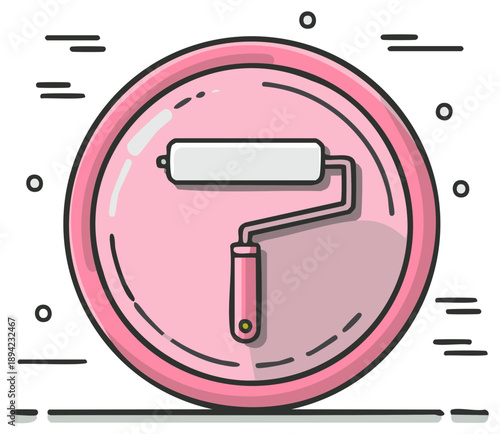 Paint roller tool inside a vibrant pink circle modern flat design illustration for painting renovation