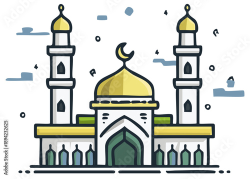 Modern Flat Design Mosque Illustration with Golden Dome Twin Minarets and Crescent Symbol Religious Building
