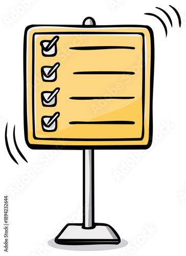 Shaking yellow sign with a completed checklist of tasks cartoon illustration