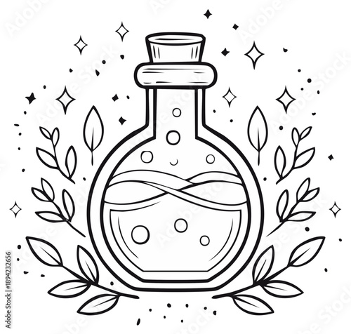 Magical potion bottle surrounded by leaves and sparkling stars in outline style