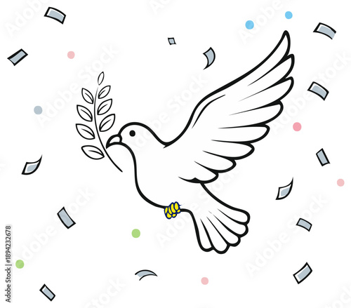 Cartoon Dove with Olive Branch and Confetti Celebrating Freedom and Peace
