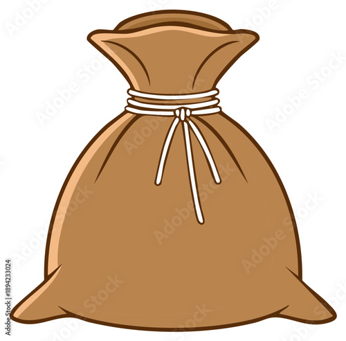 Simple brown drawstring burlap sack tied with white cord isolated on white