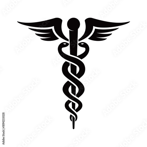 Classic caduceus logo vector featuring a winged staff with two intertwined snakes, symbolizing medicine, healthcare, and medical services, isolated on white background.