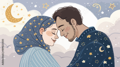 Dreamy Couple Under a Starry Night Sky, Moon and Stars Pattern - Romantic Illustration for Love and Relationships