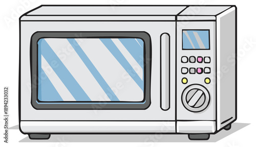 Cartoon microwave appliance with push buttons and timer dial for kitchen interior illustration