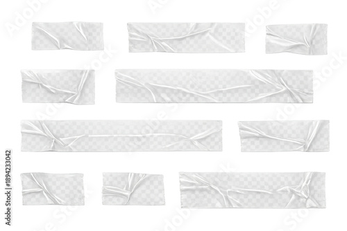 Transparent wrinkled adhesive tape strips set, realistic clear sticky paper pieces for fixing and masking, on transparent background
