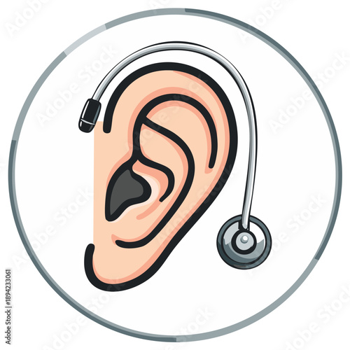 Illustration of a medical stethoscope placed on a human ear