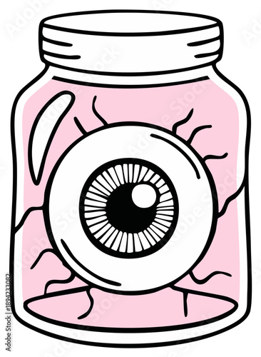 Creepy eyeball inside a jar illustration. Spooky eye floating in liquid. Halloween vector design element. Horrific concept art.