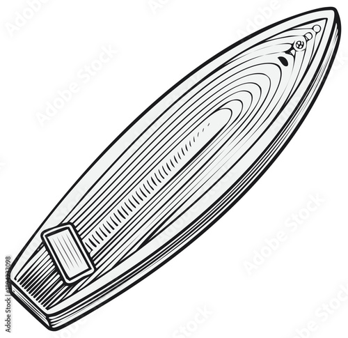 Retro Longboard Surfboard with Fins and Traction Pad Line Art Illustration
