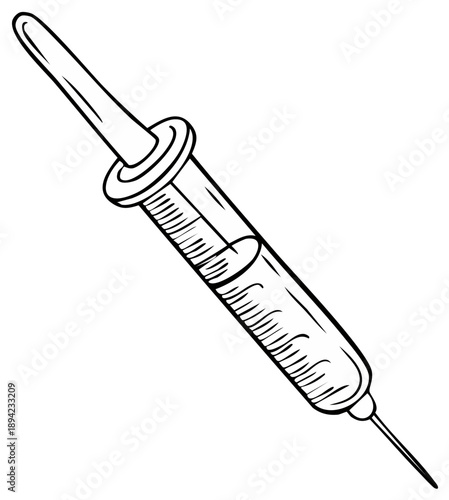 Black and white line art illustration of a medical syringe for vaccination and healthcare treatment