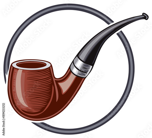 Elegant antique wooden smoking pipe illustration within a subtle circular border design.