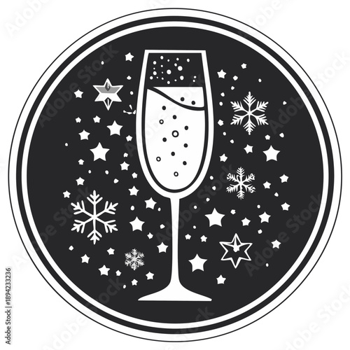 Festive Champagne Flute with Sparkling Stars and Snowflakes in a Circle