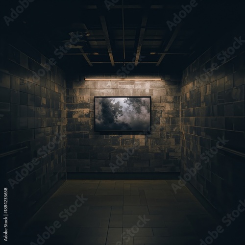 Brick Tunnel With Lights Showing a Walkway in a Dimly Lit Area During Night