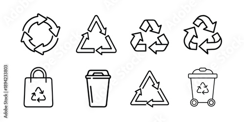 Recycle line icon set, ecology environment protection, reusable shopping bag, waste bin management, green circular arrows, and more vector illustration with editable stroke.