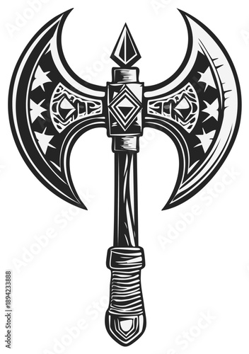 Ornate double bladed battle axe weapon for warrior or fighter concept illustration