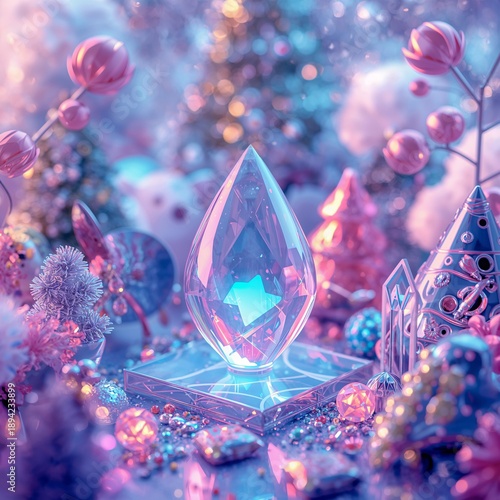 Shiny Crystal Objects on Colorful Foil Background in an Artistic Arrangement