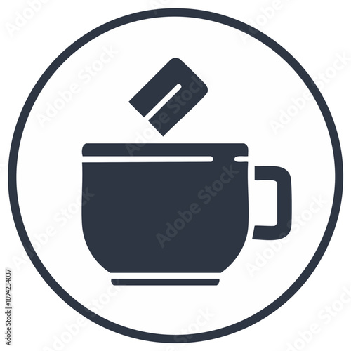 Icon depicting a sugar cube or tea bag falling into a hot beverage cup