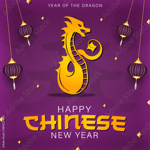 Lunar New Year Celebration Greeting Card with Gold Lanterns, Golden Dragon 2024 Chinese New Year Luxury Purple Background, Modern Chinese New Year Dragon Illustration for Social Media, Traditional Asi