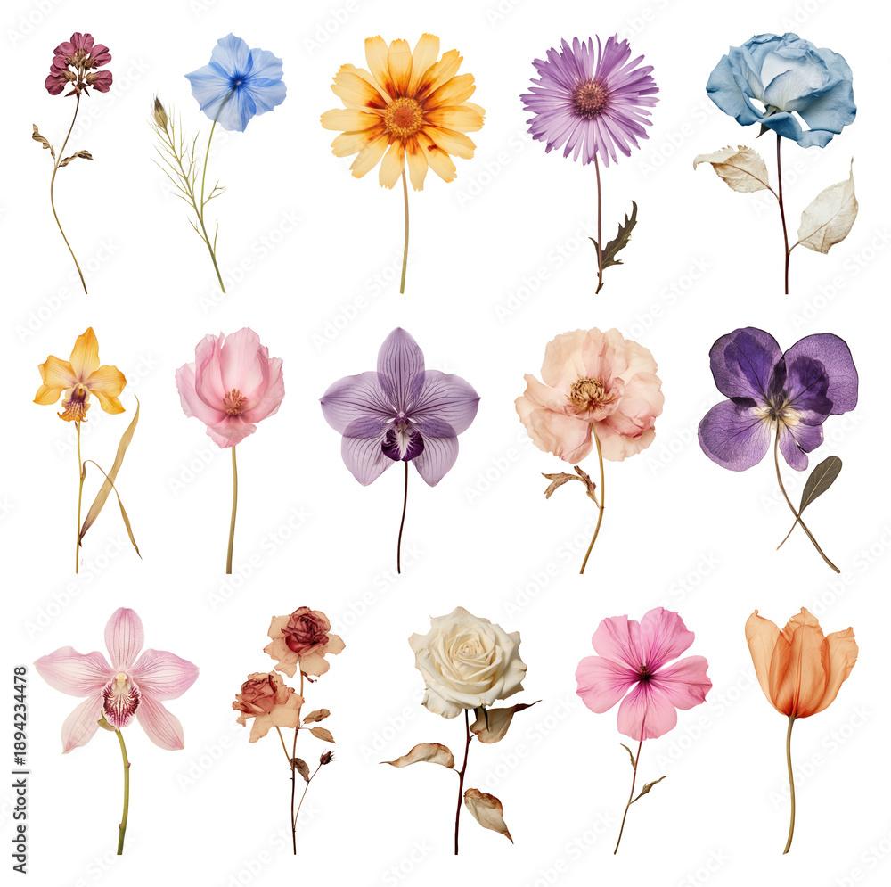 Fototapeta premium PNG Colorful pressed flowers collection on transparent background