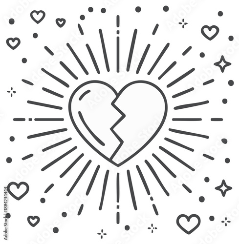 Stylized line drawing of a broken heart with radiating lines and surrounding hearts and stars