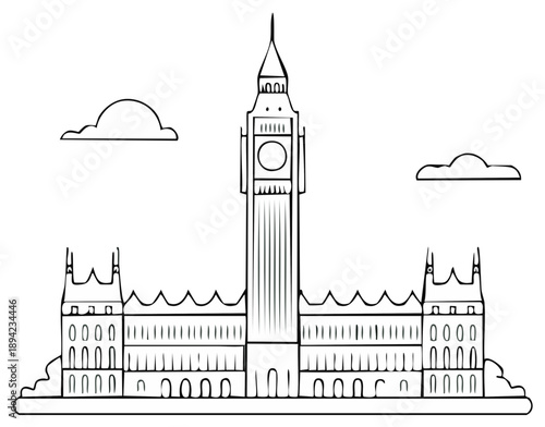 Parliament buildings, London cityscape outlined, vector illustration for coloring book