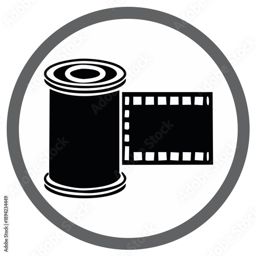 Analog film roll and film strip icon in a circle classic photography equipment