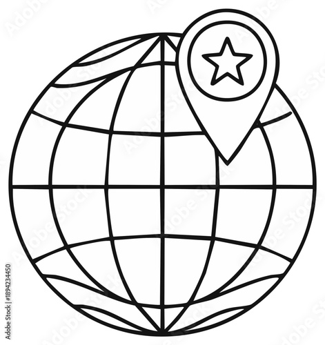 Outline Globe Pin with Star Icon Symbolizing Global Location or Destination