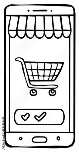 Smartphone screen with shopping cart and check mark icons, online shop concept