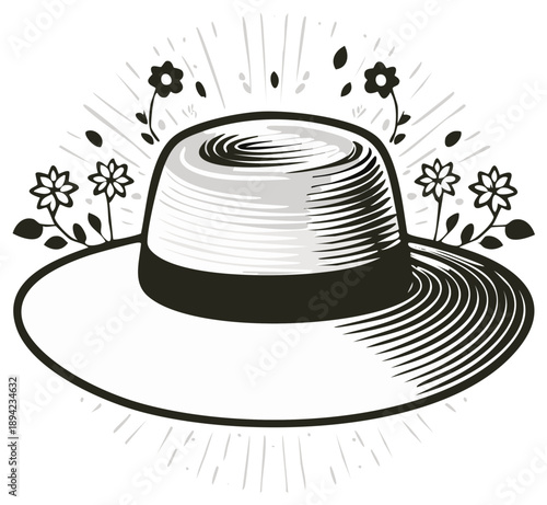 Stylish wide brim hat illustration adorned with delicate blooming flowers in vintage engraving art style