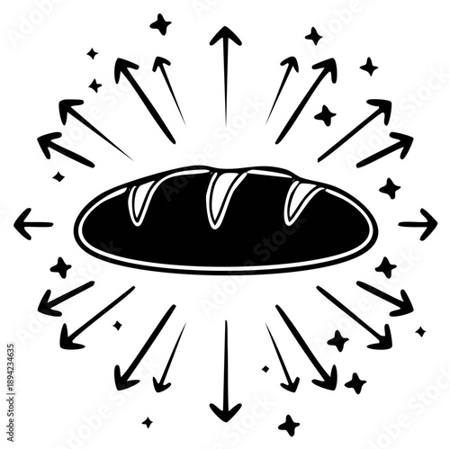 Black and white doodle of a rustic bread loaf surrounded by radiating arrows and sparkling stars