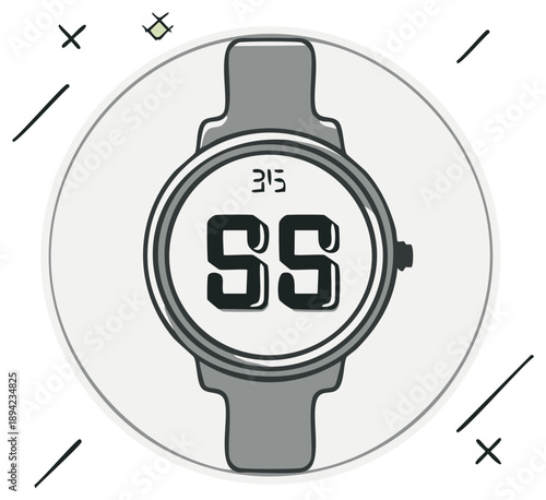 Illustrated watch face showing fifty-five seconds, simple design, time concept