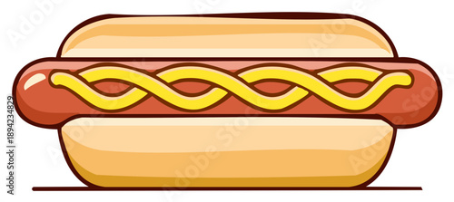 Classic Hot Dog with Braided Mustard Topping Cartoon Style Illustration of Food and Fast Food