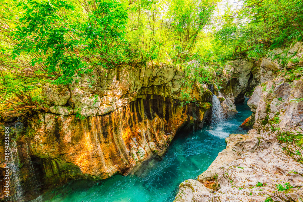 Fototapeta premium Velika Korita or Great canyon of Soca river near Bovec in Slovenia. Great river soca gorge in Triglav national park. Soca waterfall