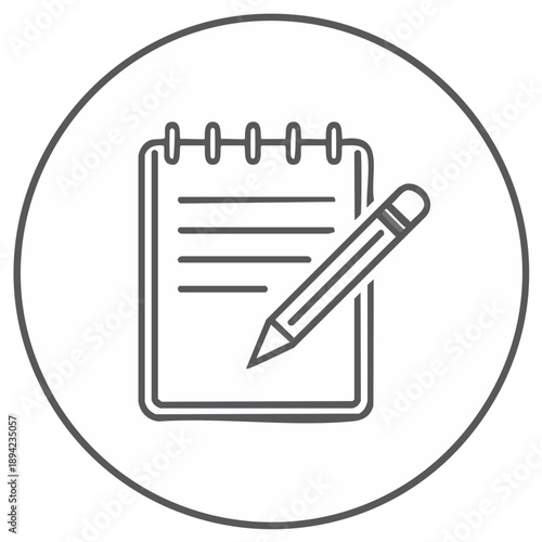 Simple illustration of a notepad and pencil icon within a circle