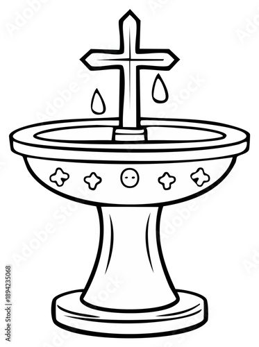 Christian baptismal font with cross and dripping water for religious ceremony