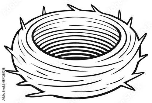 Bird nest illustration made of twigs and spikes in a detailed line drawing style