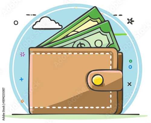Brown wallet overflowing with green cash bills on a light blue background; cartoon style